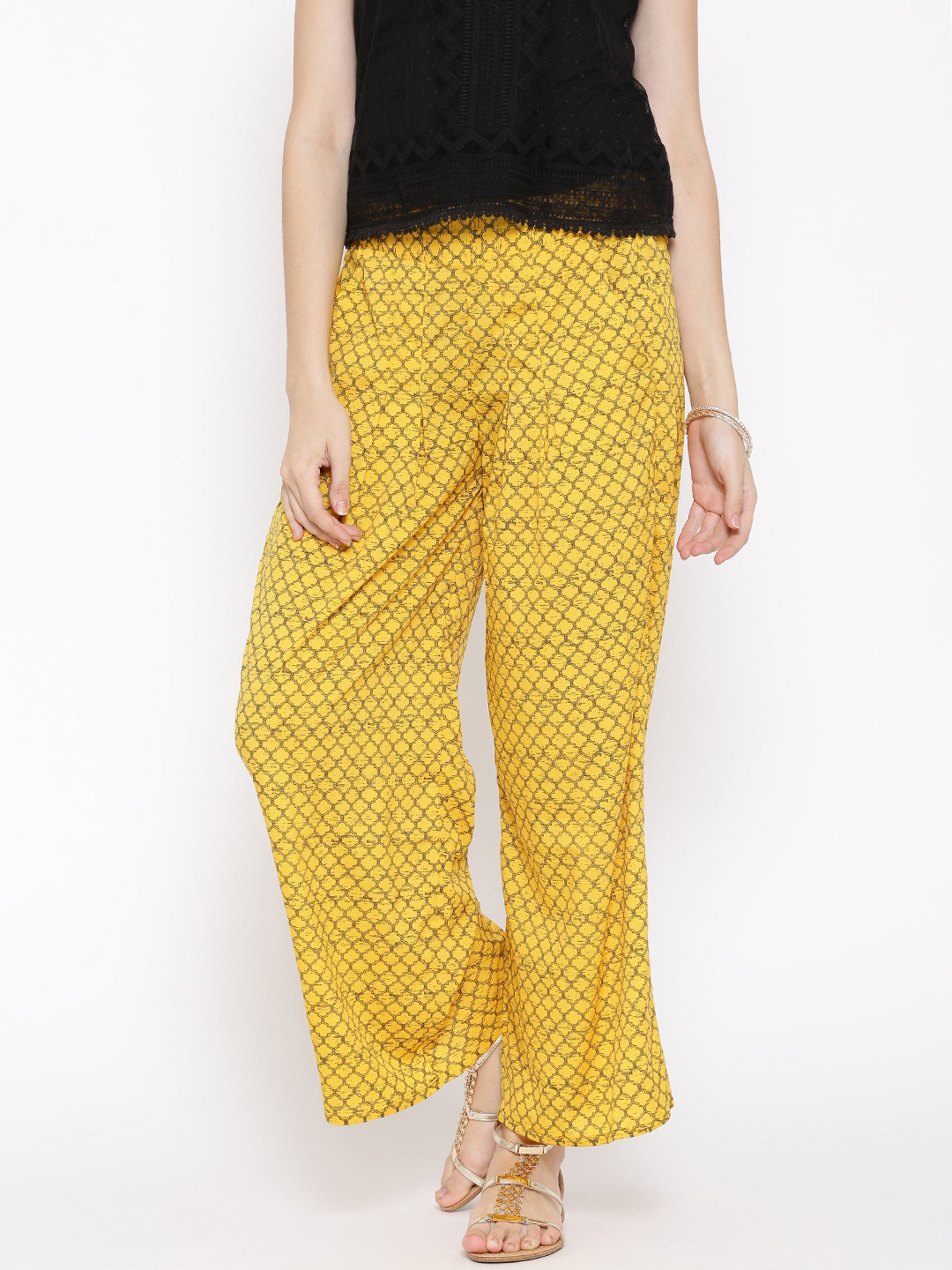 AURELIA Women Yellow Printed Palazzo Trousers