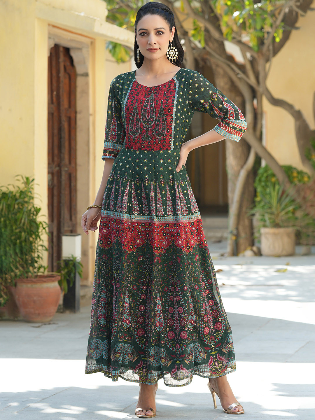 Juniper Green & Red Ethnic Motifs Maxi Dress