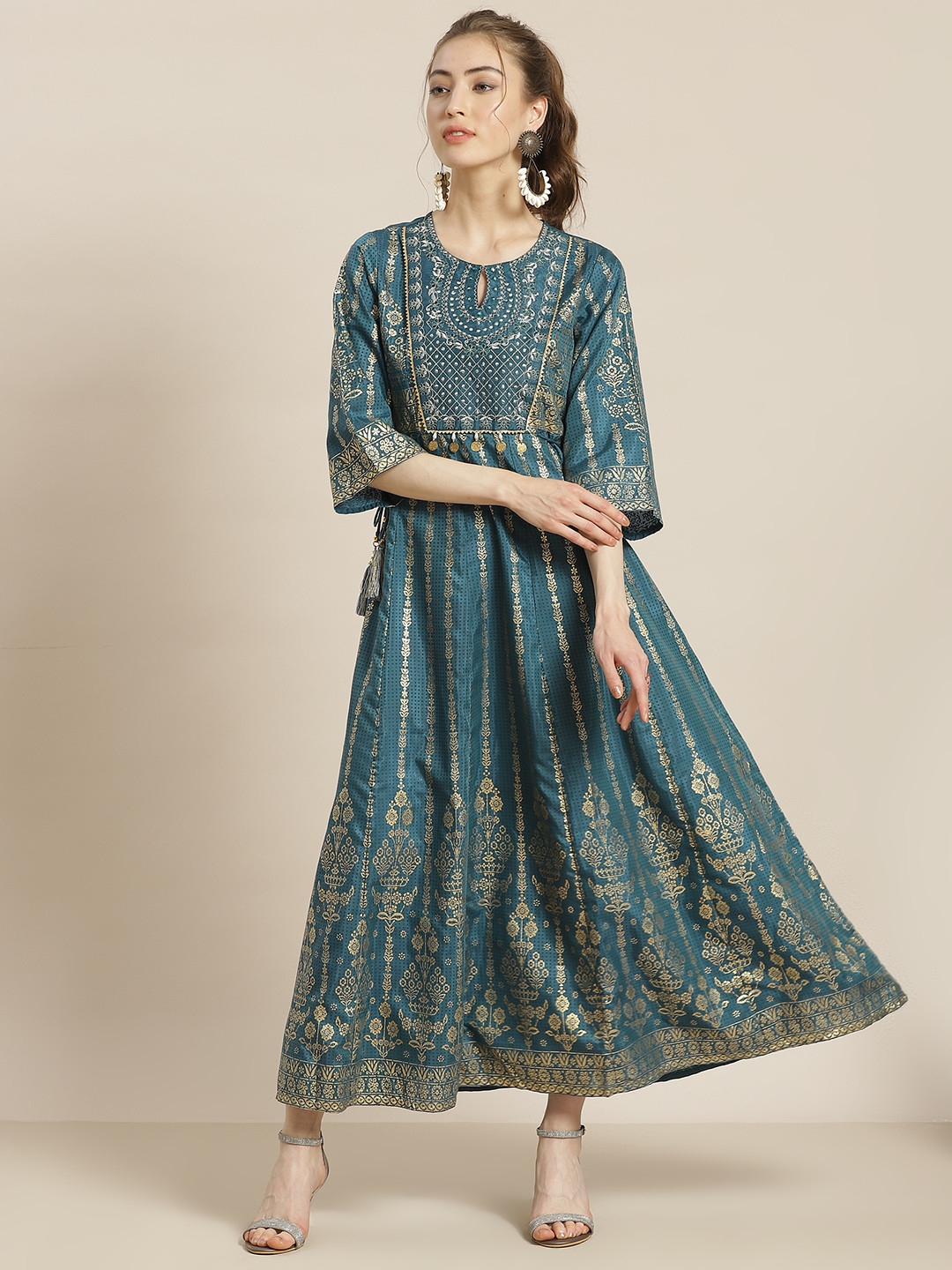 Juniper Teal & Golden Ethnic Motifs Keyhole Neck Crepe Ethnic Maxi Dress
