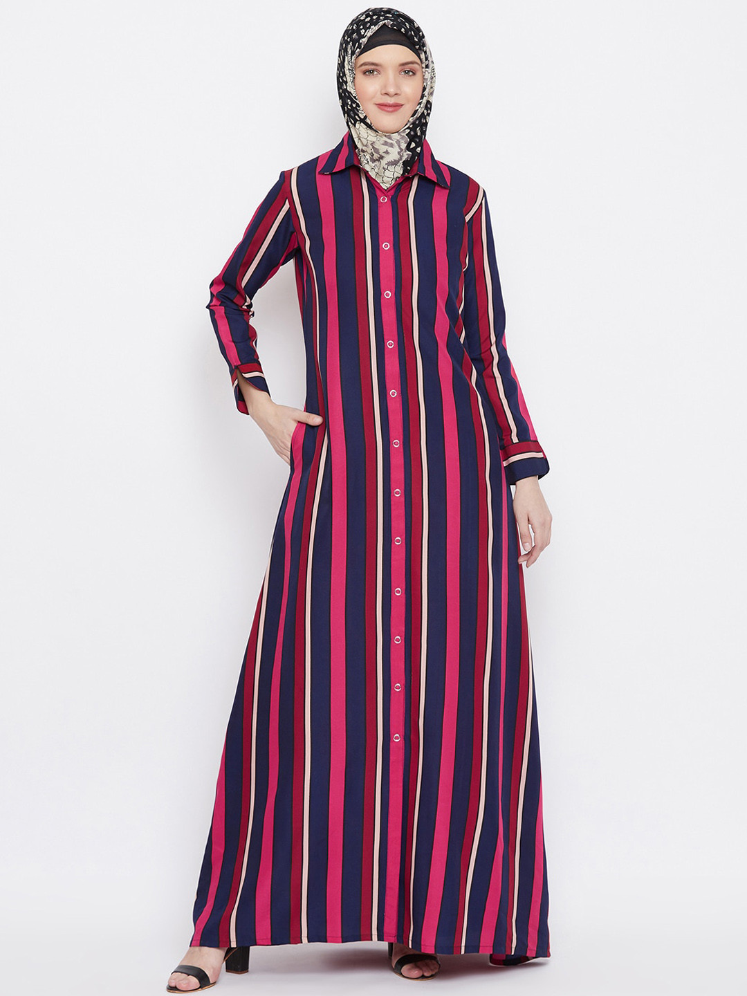 MOMIN LIBAS Women Navy Blue & Pink Striped Abaya Burqa
