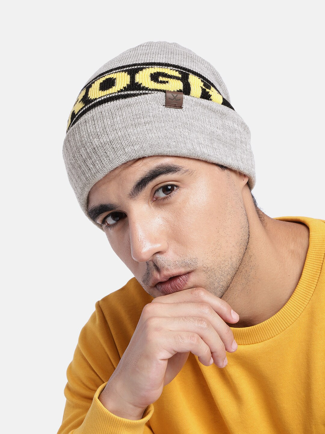 WROGN Unisex Grey & Black Acrylic Self Design Brand Logo Beanie