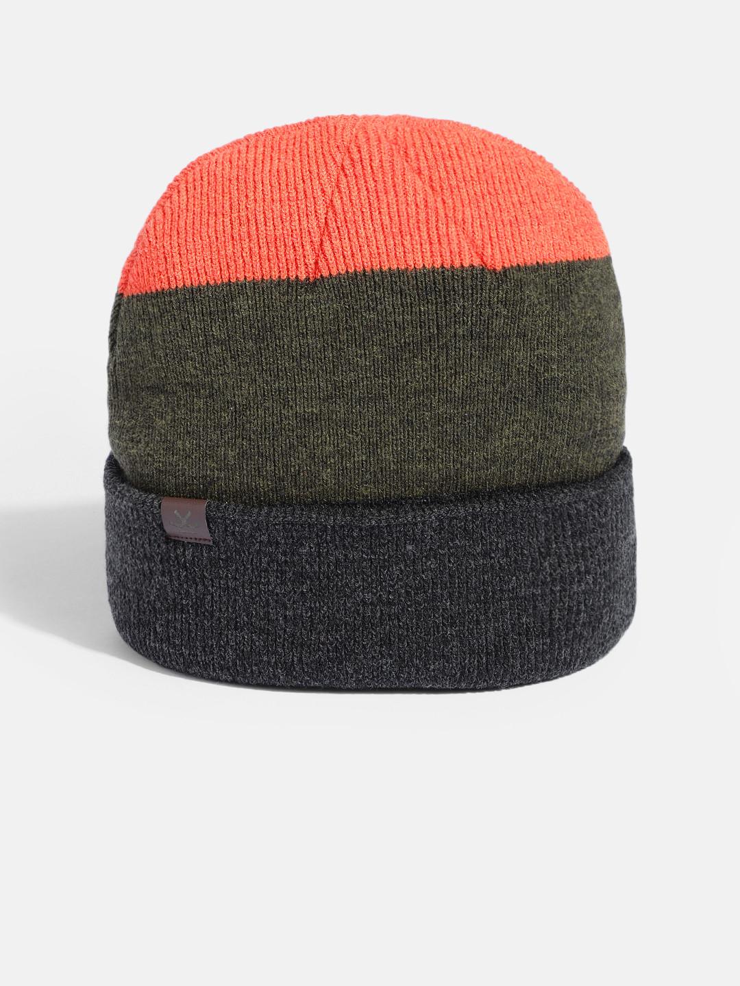WROGN Unisex Olive Green & Orange Colourblocked Woollen Beanie