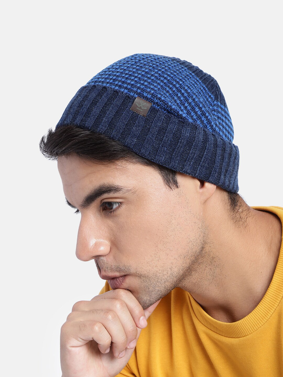 WROGN Unisex Navy Blue Self-Design Acrylic Beanie