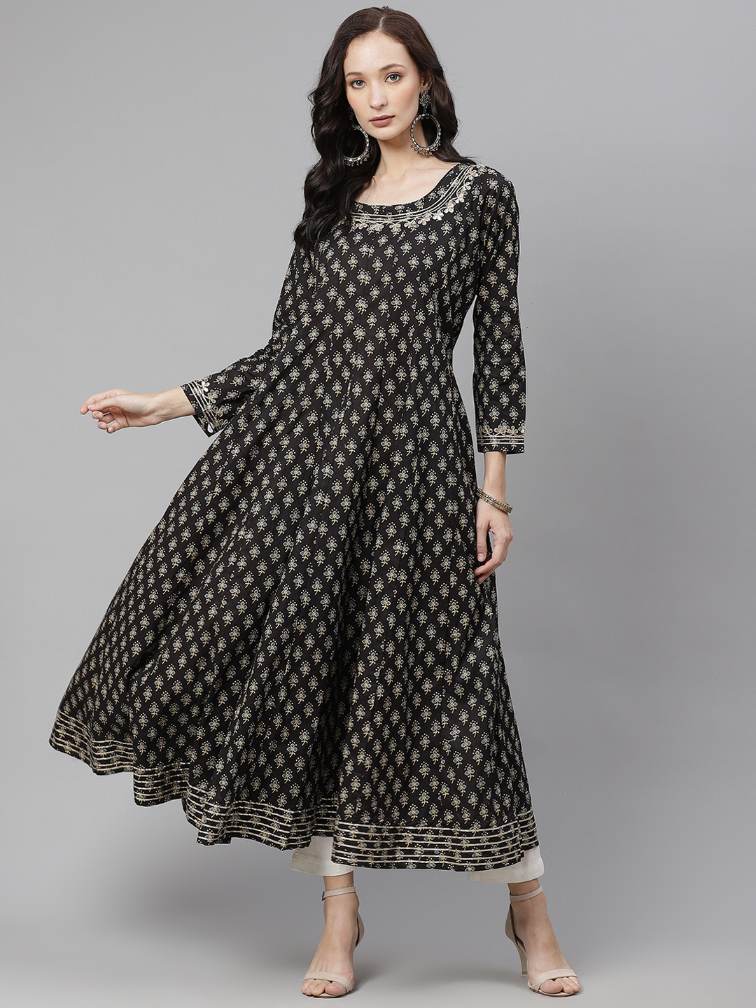 Divena Women Black & Beige Pure Cotton Ethnic Motifs Printed Kurta