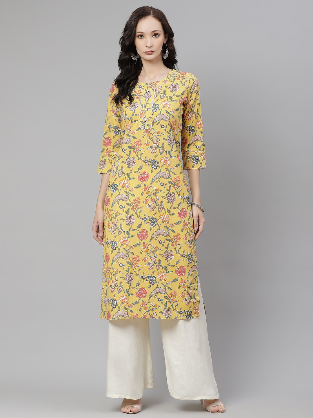 Divena Women Yellow Pure Cotton Floral Print Straight Kurta