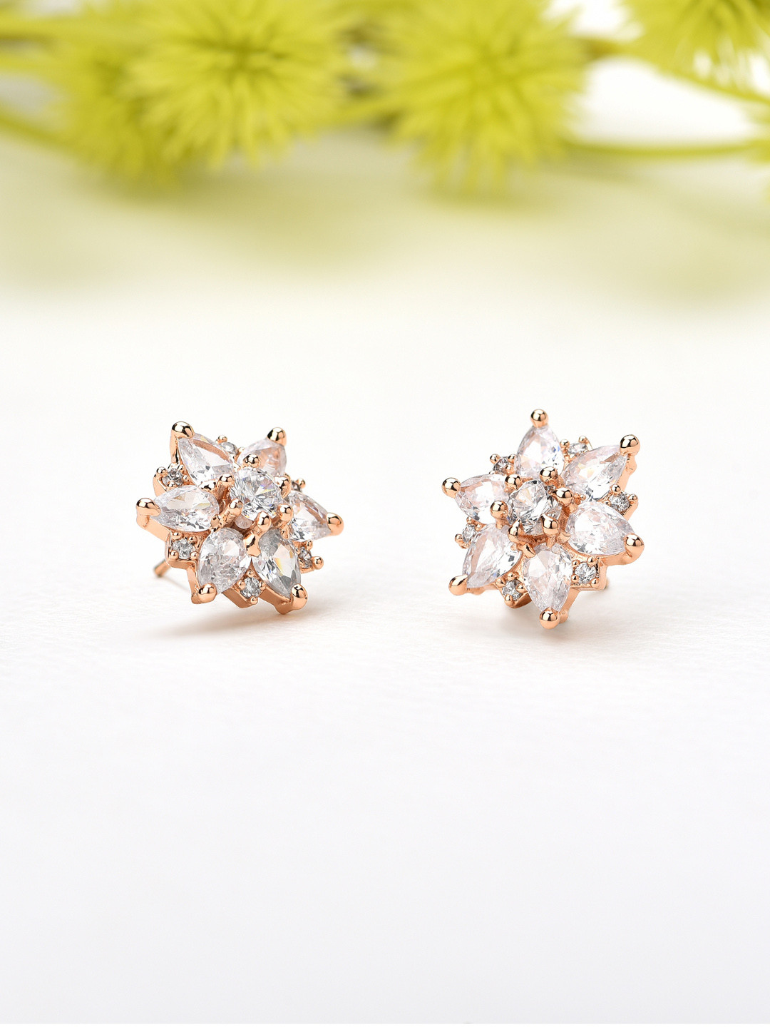 AMI Women Rose Gold Plated Cubic Zirconia Contemporary Stud Earrings