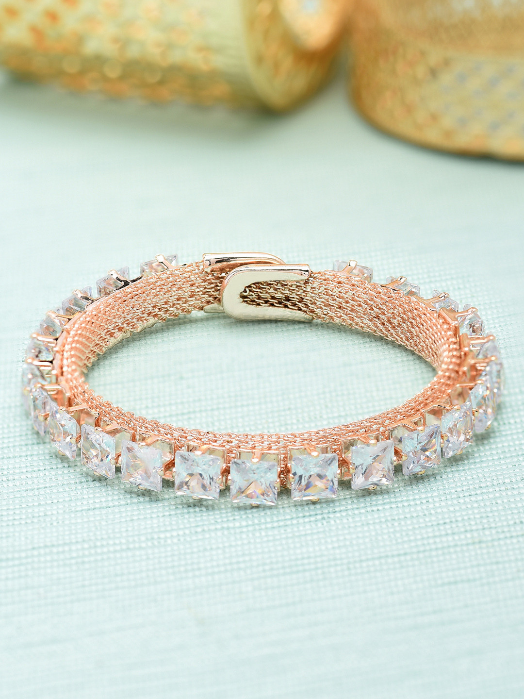 AMI Women Rose Gold & Transparent Brass Cubic Zirconia Rose Gold-Plated Kada Bracelet