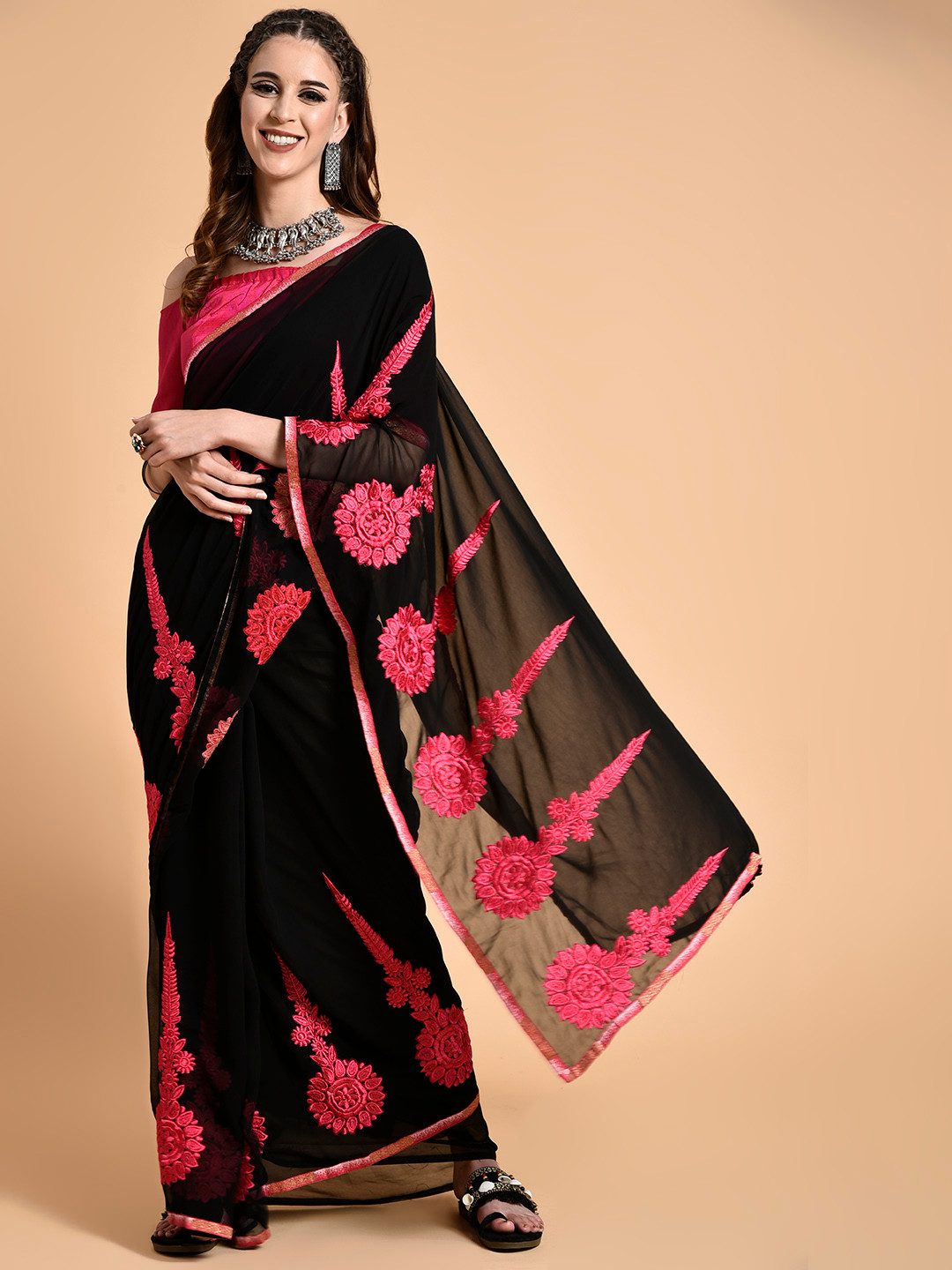Sangria Black & Pink Floral Embroidered Pure Georgette Saree