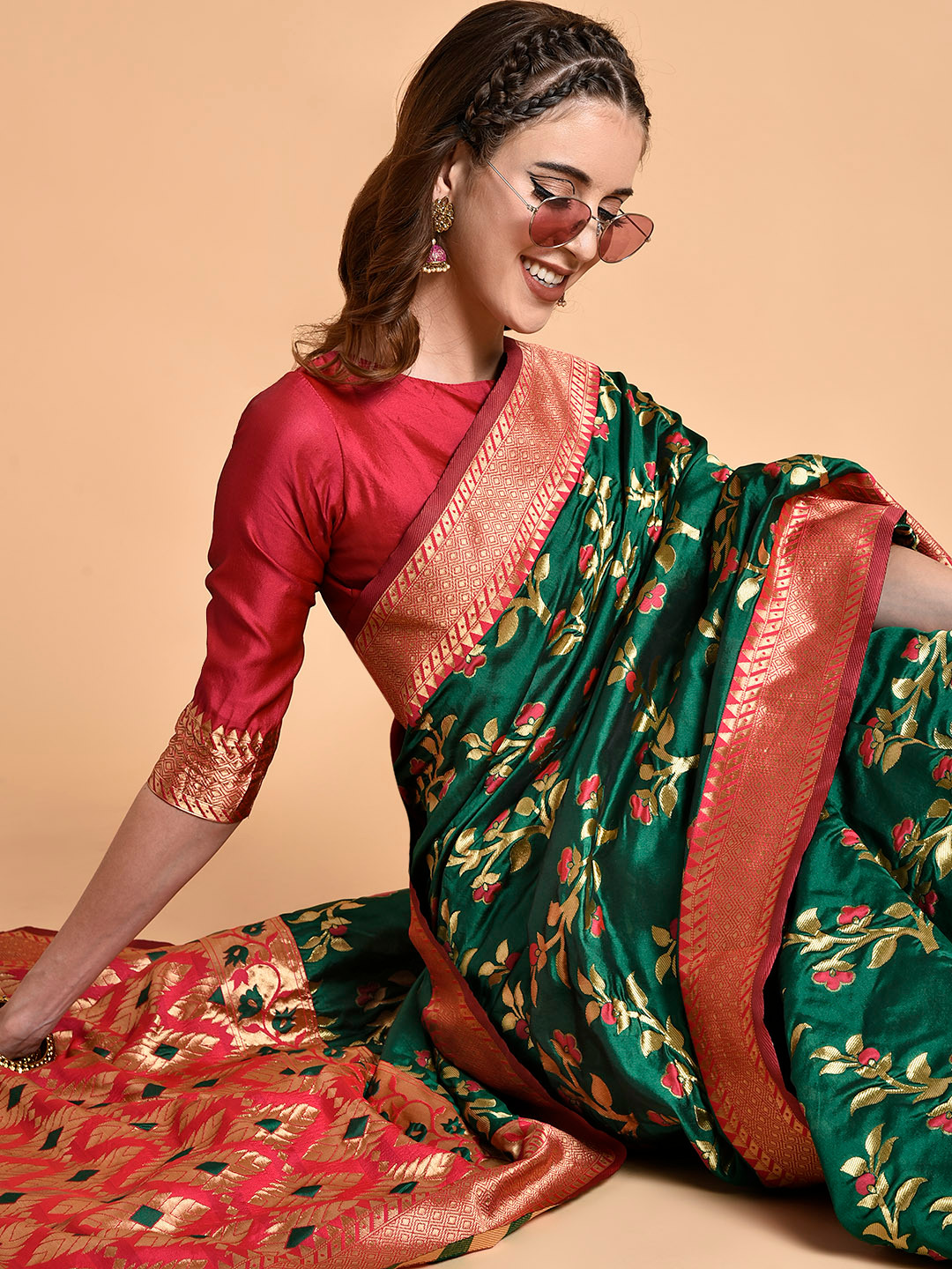 Sangria Green & Red Floral Silk Blend Heavy Work Banarasi Saree