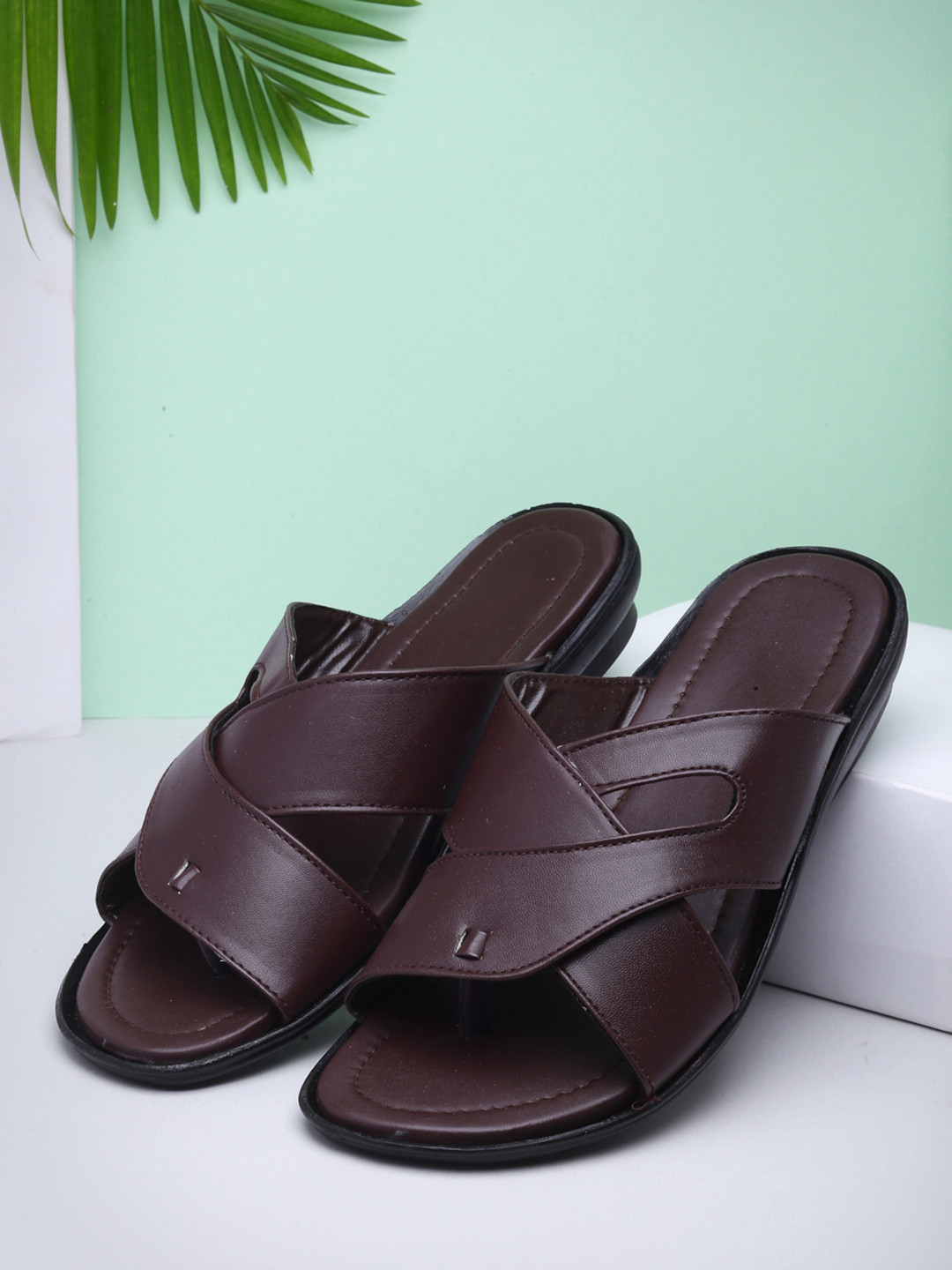 DEAS Men Brown Textured Open Toe Flats with Laser Cuts