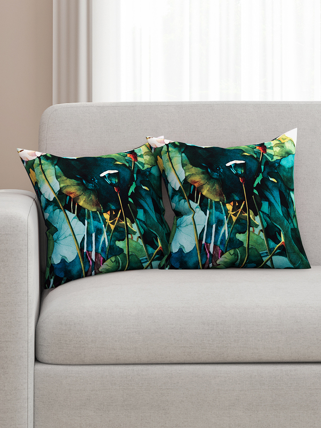 SEJ by Nisha Gupta Green Floral Cotton HD Digital 2 Pcs Square Cushion Covers - 16 x 16 In