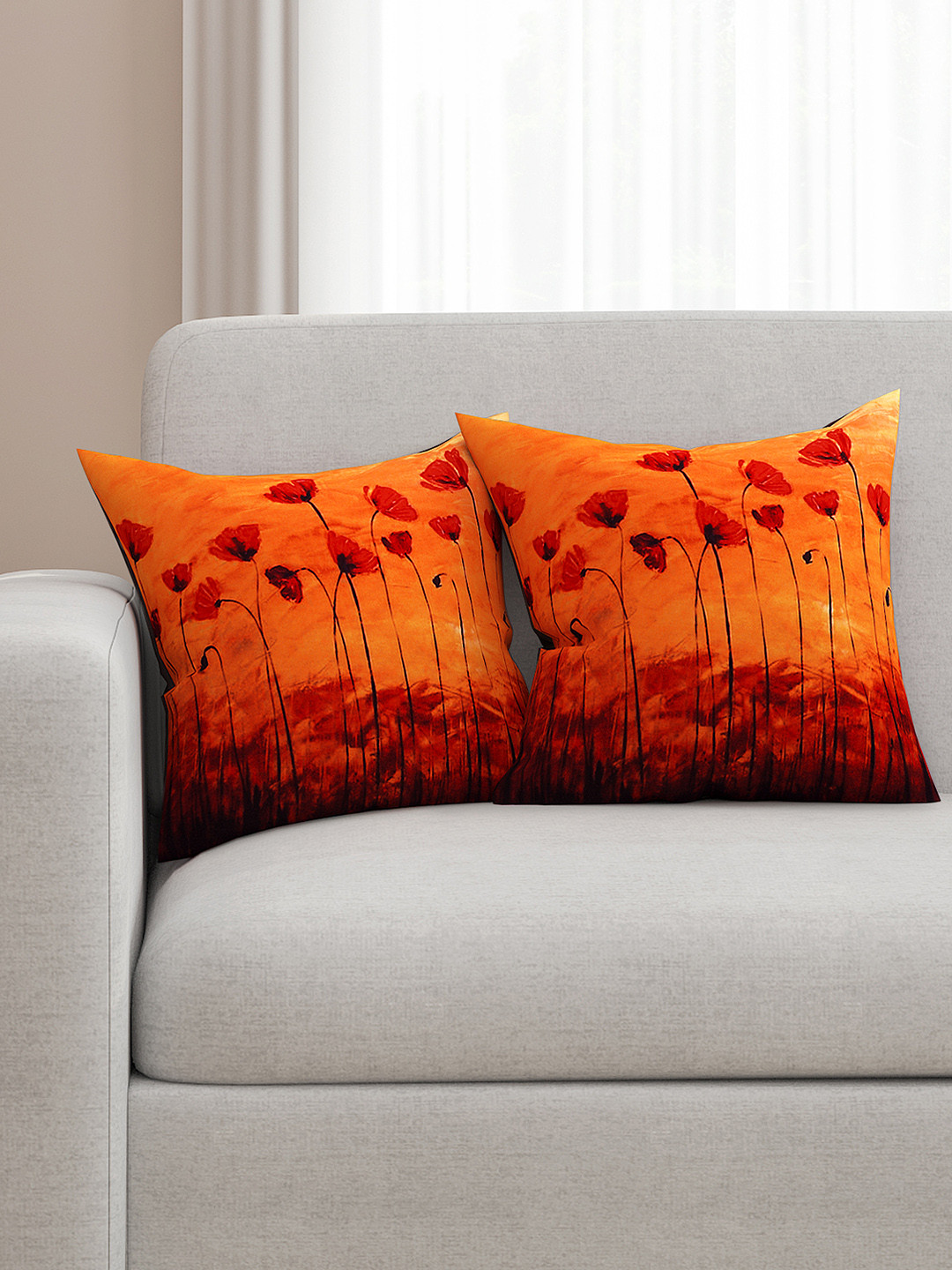 SEJ by Nisha Gupta Orange Set of 2 Printed 16'' x 16'' Square Cushion Covers
