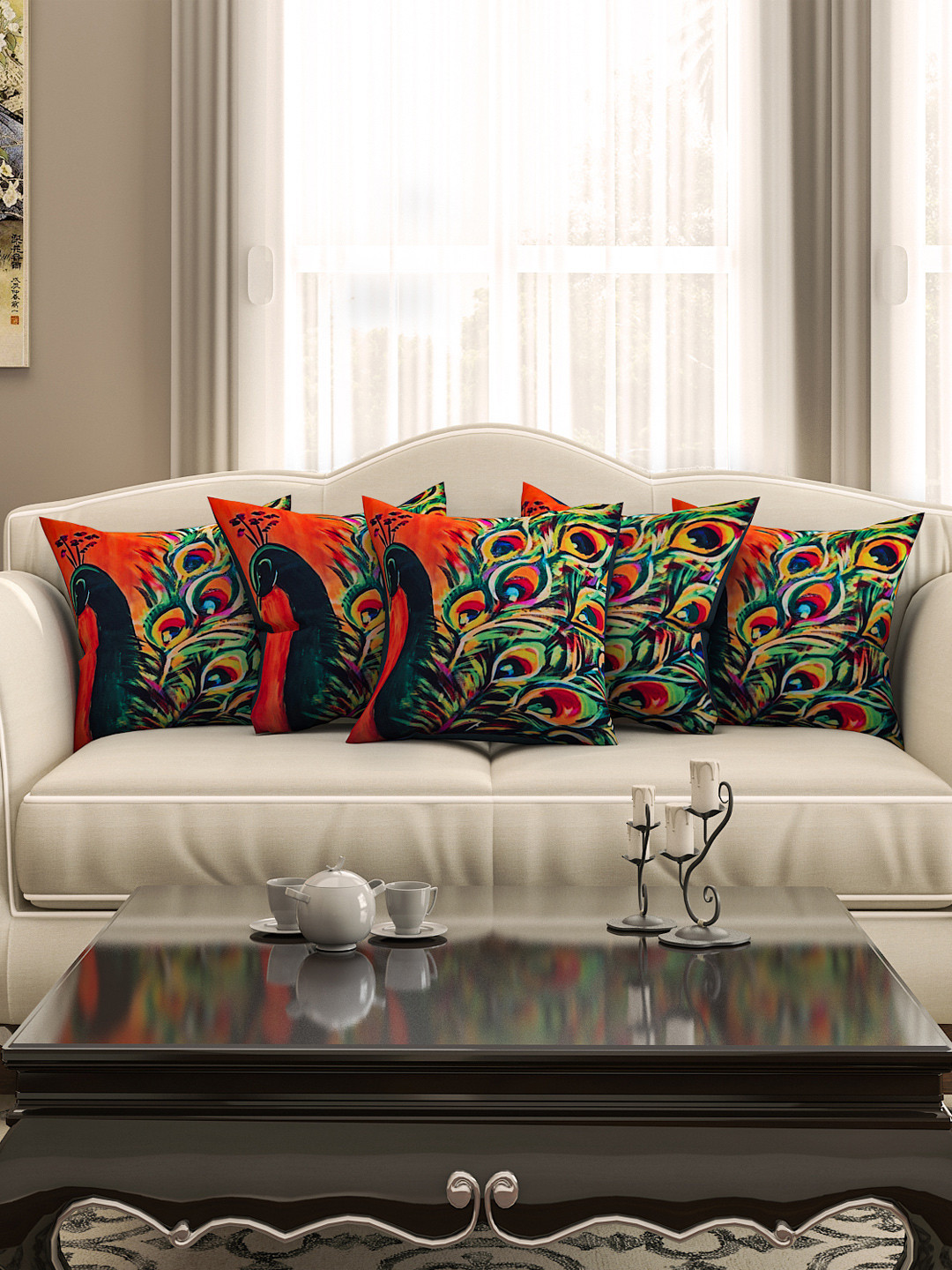 SEJ by Nisha Gupta Orange & Green Set of 5 Printed 16'' x 16'' Square Cushion Covers