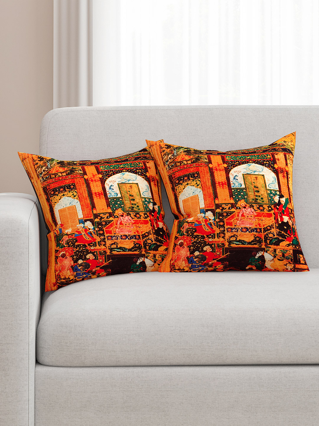 SEJ by Nisha Gupta Orange Set of 2 Printed 16'' x 16'' Square Cushion Covers