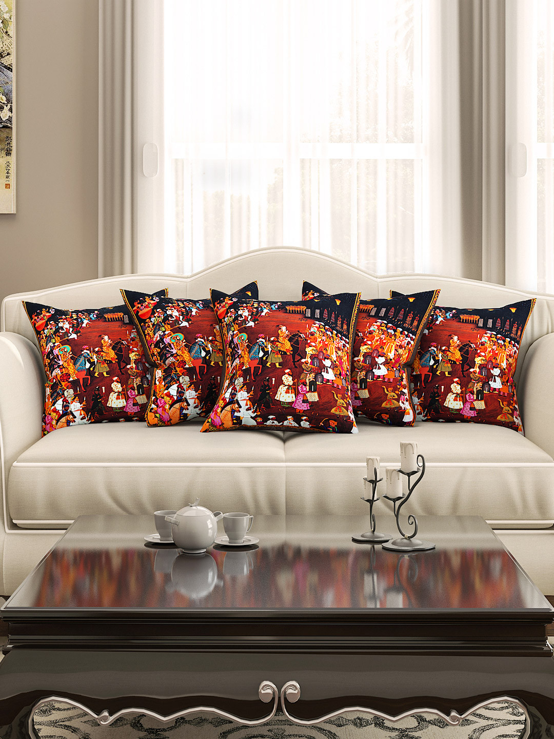 SEJ by Nisha Gupta Multicoloured Set of 5 Printed 16'' x 16'' Square Cushion Covers