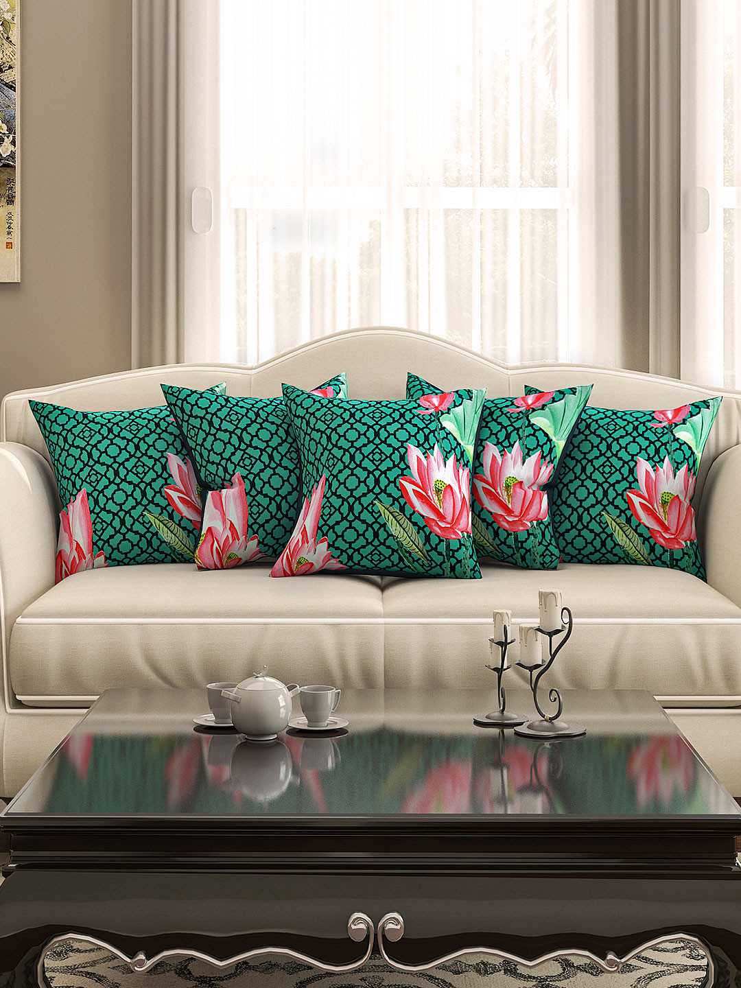 SEJ by Nisha Gupta Green Floral Cotton HD Digital 5 Piece Square Cushion Covers -16x16In