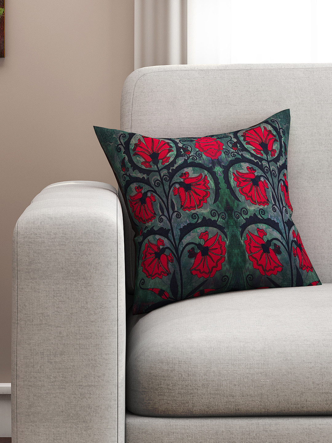 SEJ by Nisha Gupta Green Single Printed 16'' x 16'' Square Cushion Cover