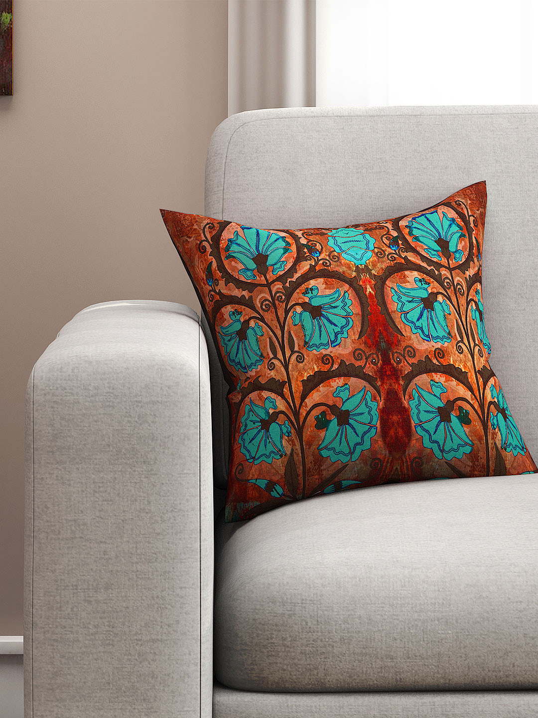 SEJ by Nisha Gupta  Brown Single Floral Print 16'' x 16'' Square Cushion Covers