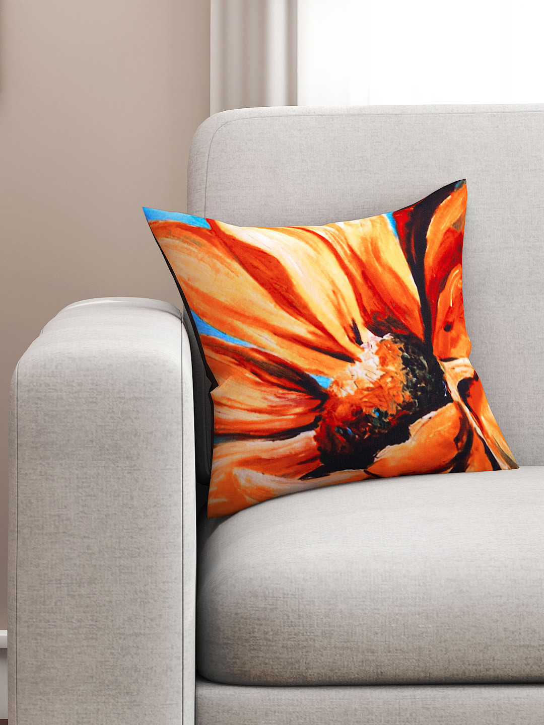 SEJ by Nisha Gupta Orange Floral Cotton HD Digital Square Cushion Cover - 16 x 16 Inches