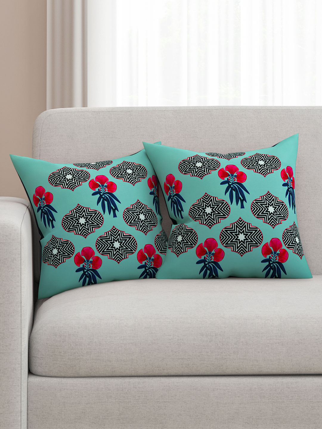 SEJ by Nisha Gupta Geometrical Floral Cotton HD Digital 2 Pcs Cushion Covers - 16x16In