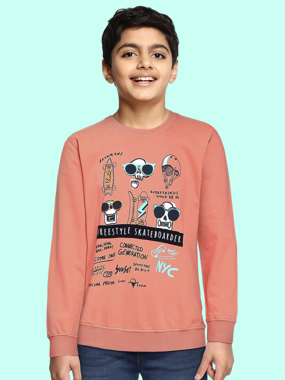 Gini and Jony Boys Peach-Coloured Printed Sweatshirt