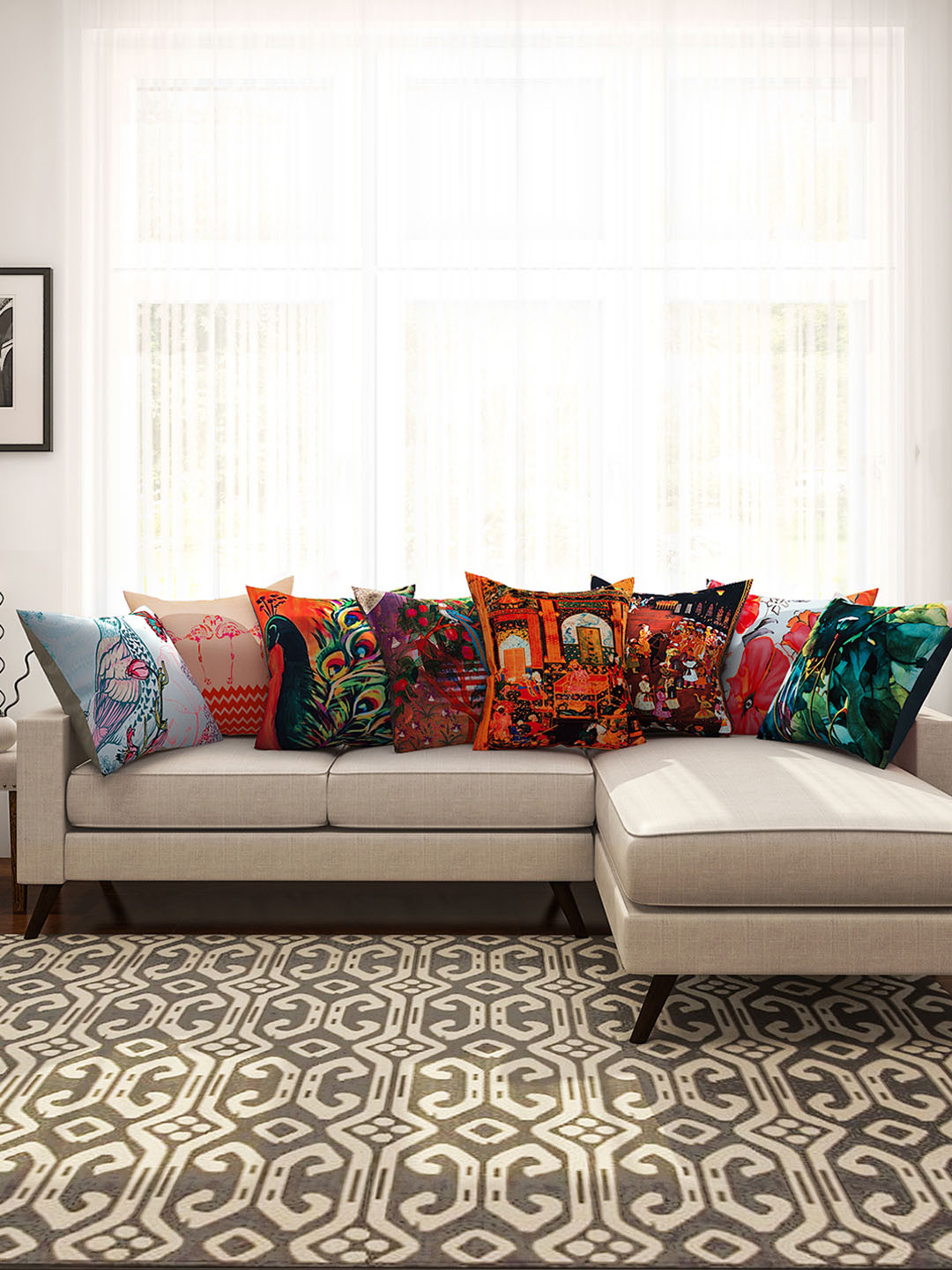 SEJ by Nisha Gupta Floral Ethnic Motifs Cotton 8 Pcs Square Cushion Covers -16x16In