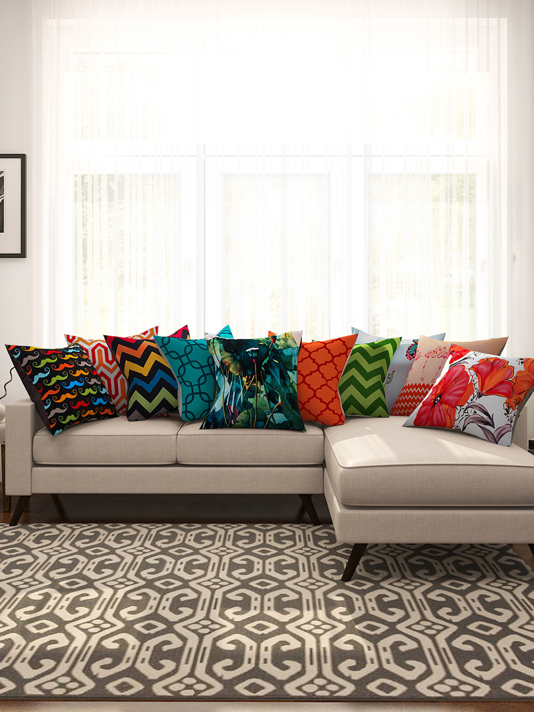 SEJ by Nisha Gupta Abstract Graphic Cotton HD Digital 10 Pcs Cushion Covers - 16 x 16 In