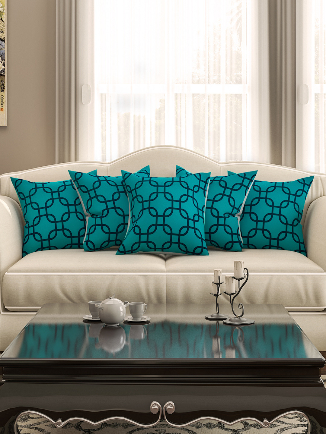 SEJ by Nisha Gupta Geometric Cotton HD Digital 5 Pcs Square Cushion Covers - 16 x 16 In