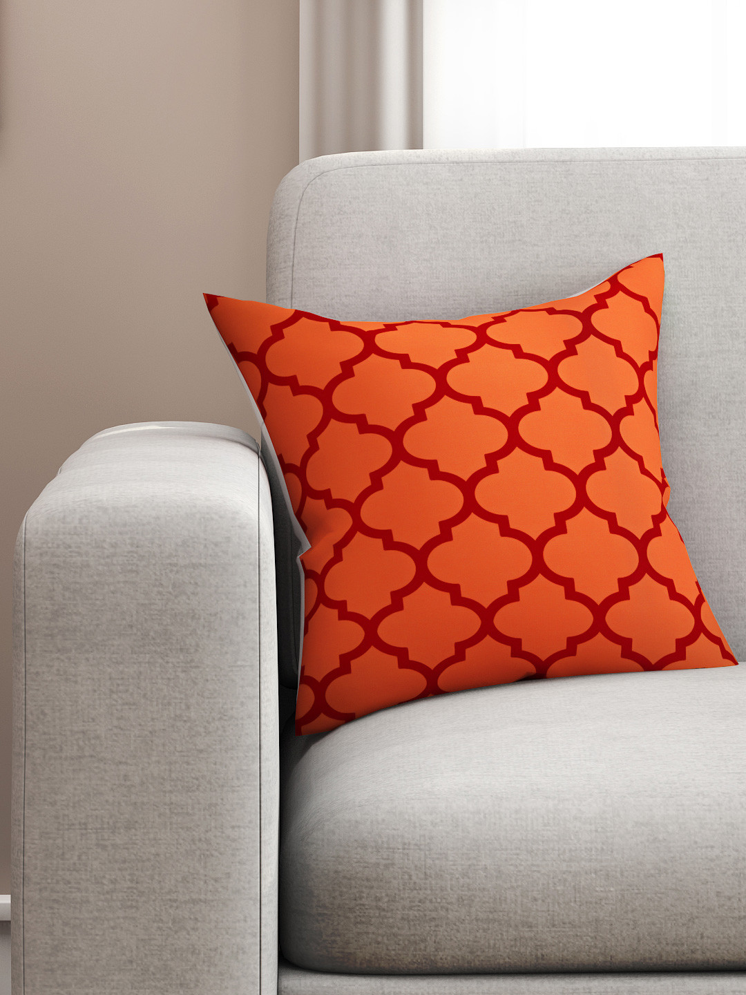 SEJ by Nisha Gupta Orange Geometric Cotton HD Digital Square Cushion Covers - 16 x 16 In