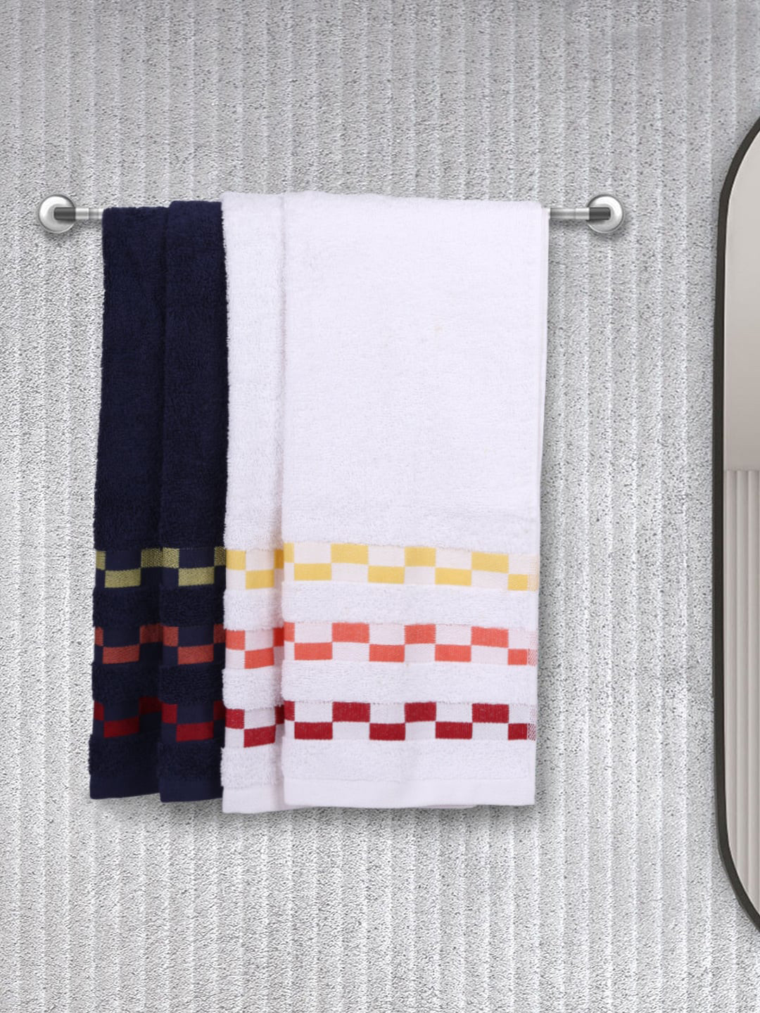 BIANCA White & Navy Blue Set Of 4 Mercerized Cotton 450 GSM Bumpy-Striped Hand Towels