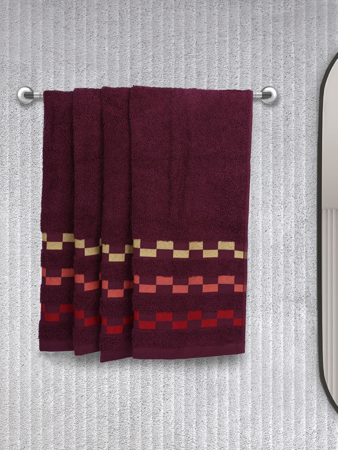 BIANCA Burgundy Set Of 4 Mercerized Cotton 450 GSM Bumpy-Striped Hand Towels