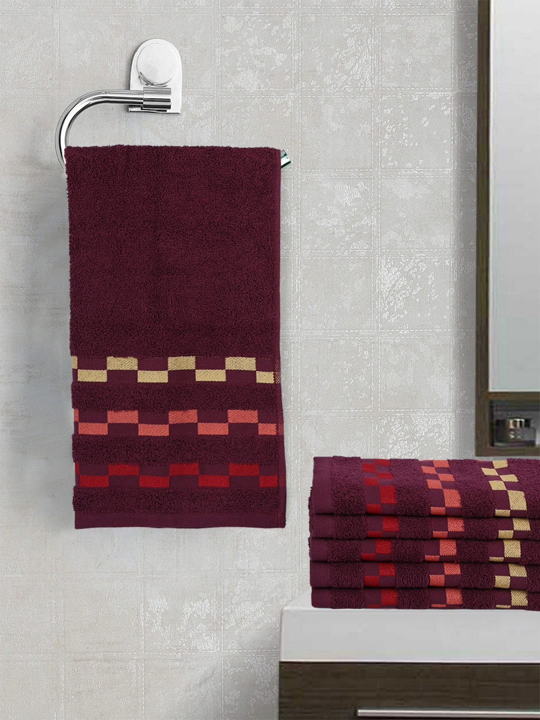 BIANCA Burgundy Set Of 6 Mercerized Combed Cotton Bumpy-Striped Towels