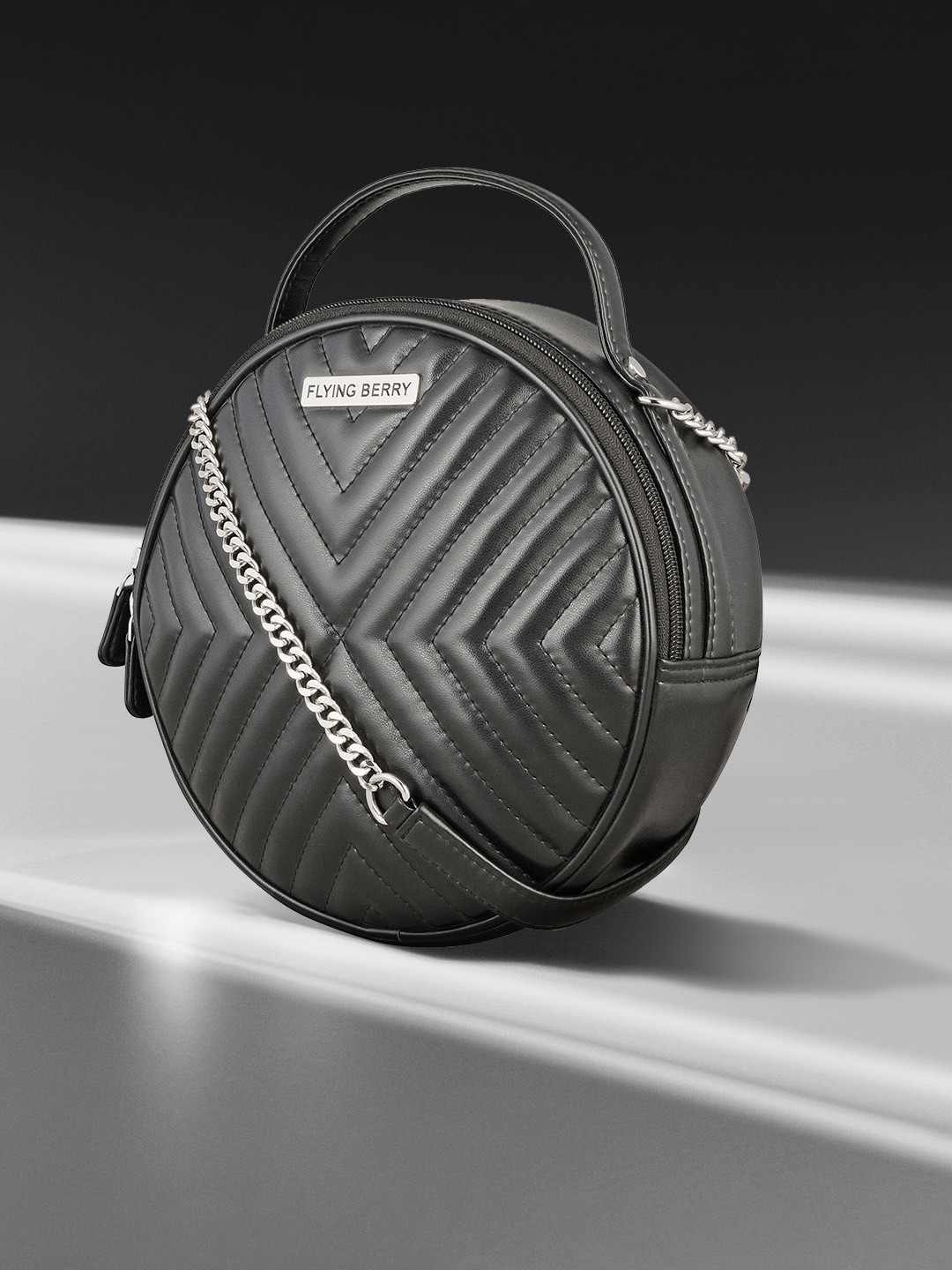 FLYING BERRY Black Textured PU Bowling Sling Bag with Quilted