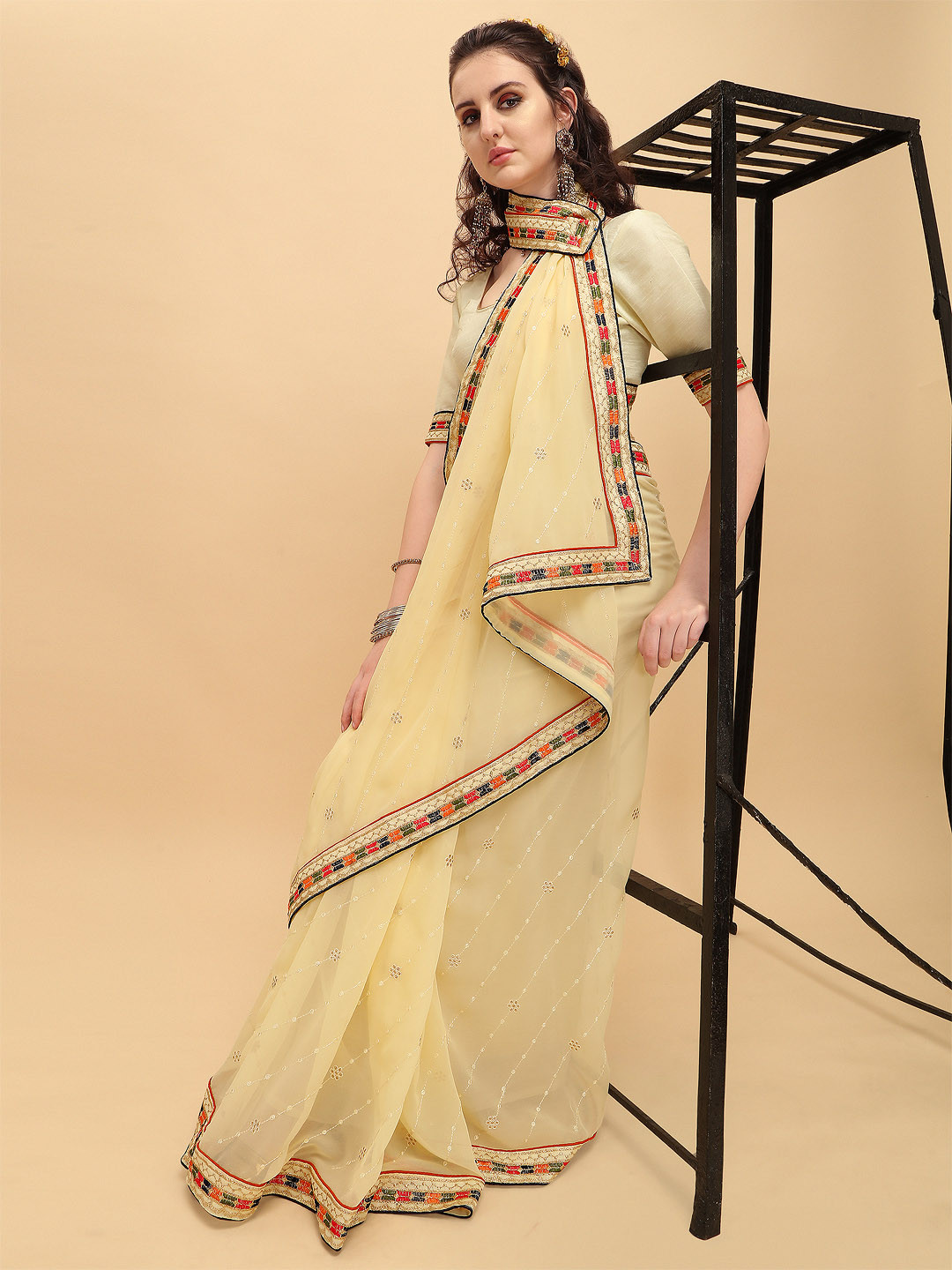 Sangria Cream-Coloured & Red Embellished Embroidered Pure Georgette Saree