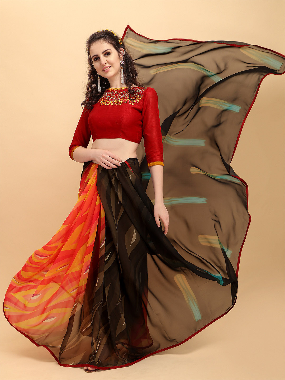 Sangria Black & Red Pure Georgette Saree