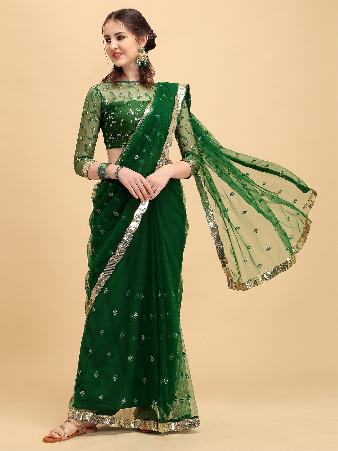 Sangria Green & Silver-Toned Embellished Sequinned Supernet Heavy Work Saree