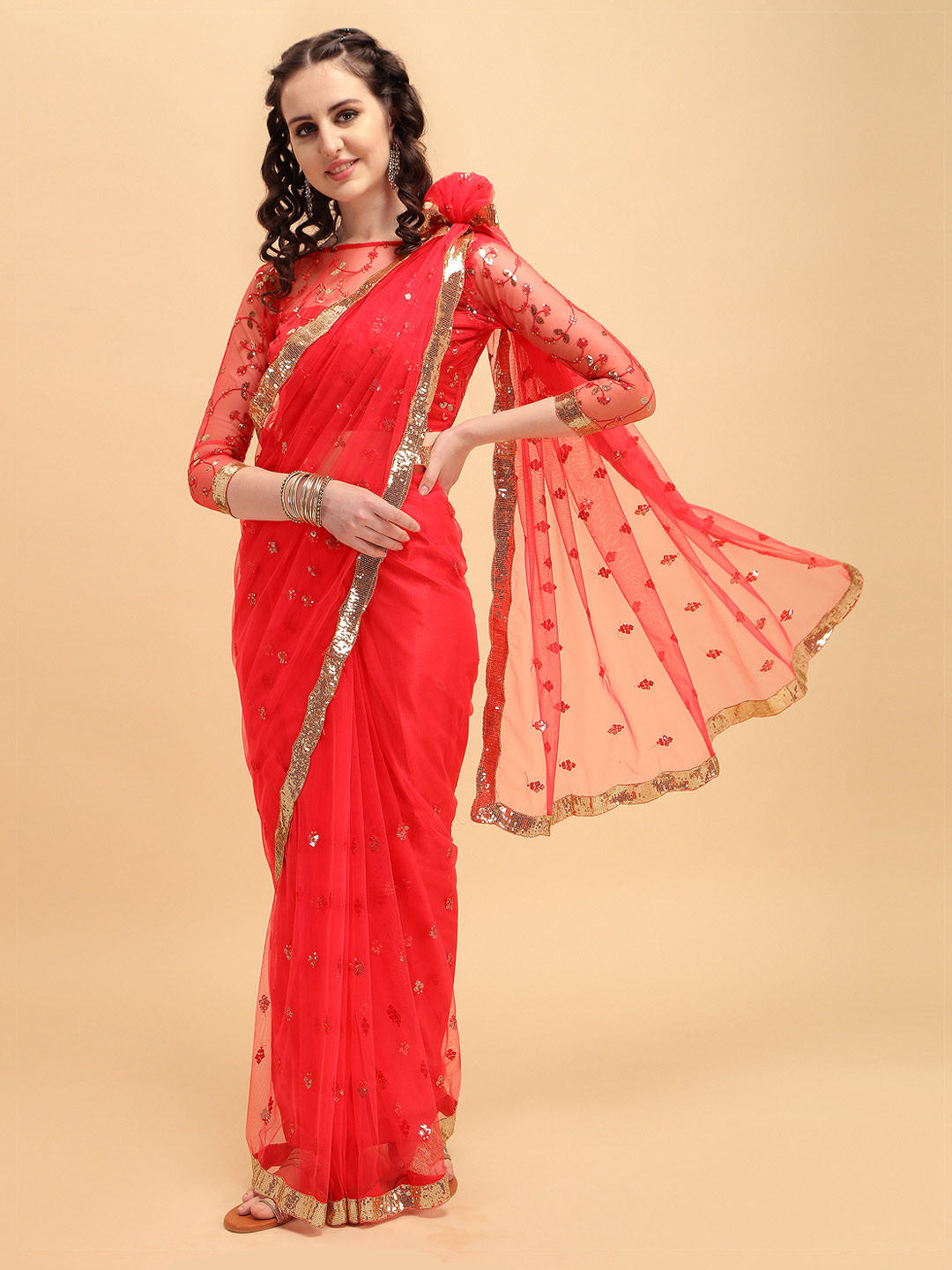 Sangria Red & Silver-Toned Embellished Sequinned Supernet Heavy Work Saree