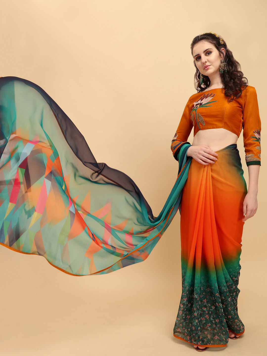 Sangria Sea Green & Orange Floral Pure Georgette Saree