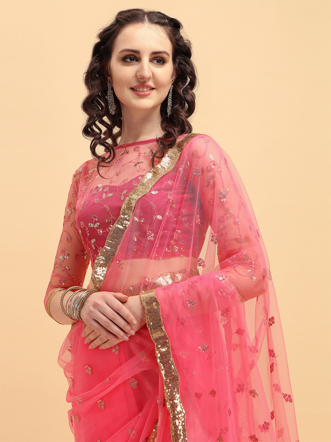 Sangria Rose & Gold-Toned Embellished Sequinned Supernet Heavy Work Saree