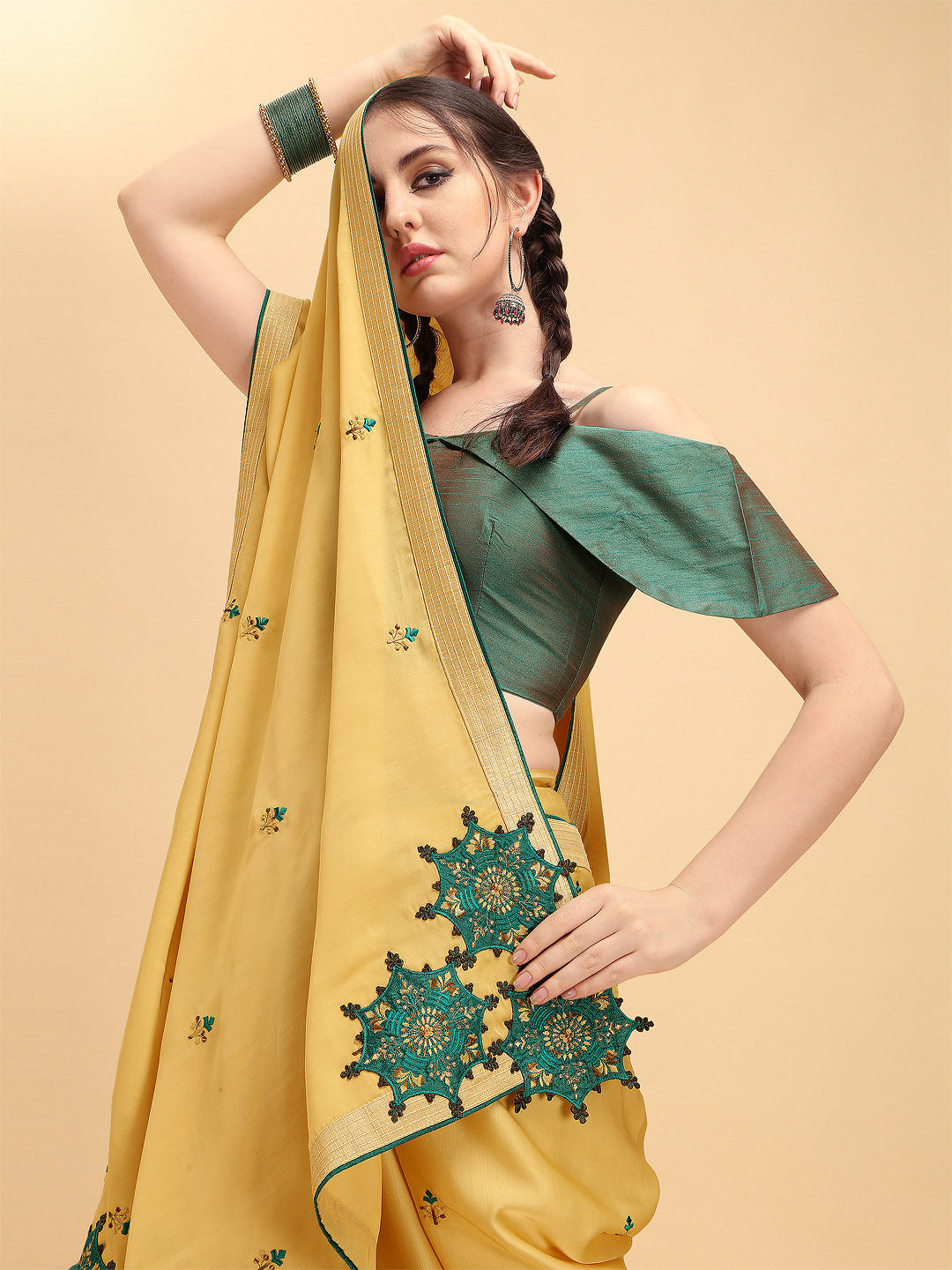 Sangria Yellow & Green Floral Embroidered Silk Blend Saree