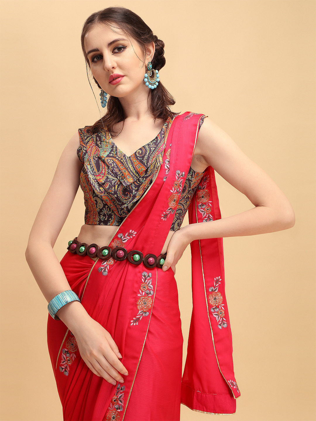 Sangria Red & Pink Floral Embroidered Pure Georgette Saree