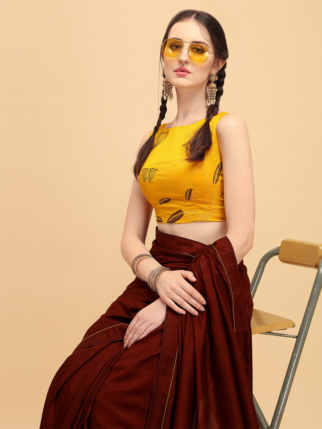 Sangria Coffee Brown Floral Embroidered Silk Blend Saree