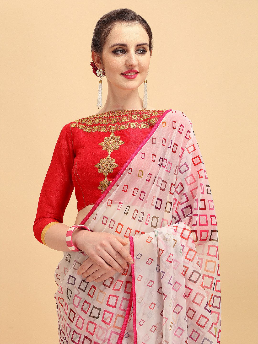 Sangria White & Red Pure Georgette Saree