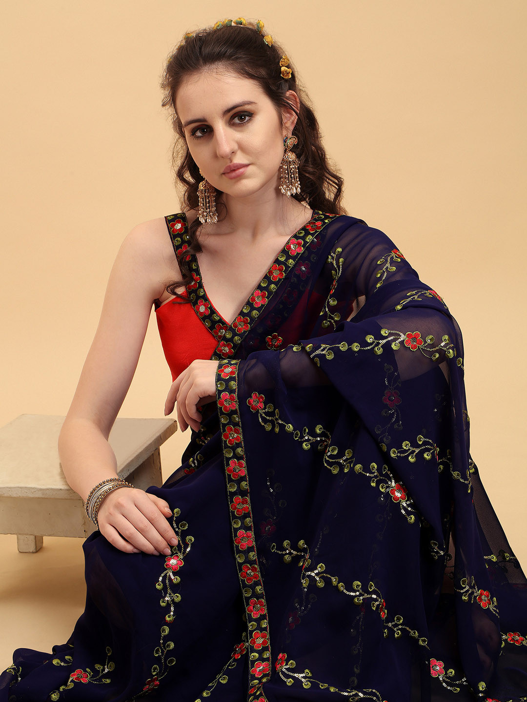 Sangria Blue & Green Floral Sequinned Pure Georgette Saree