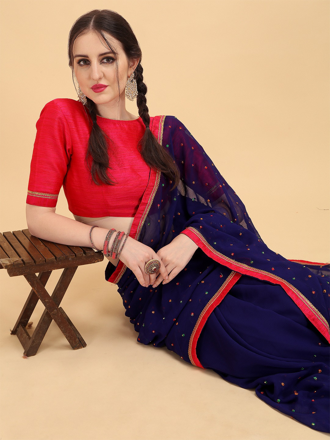 Sangria Navy Blue & Orange Sequinned Silk Blend Saree