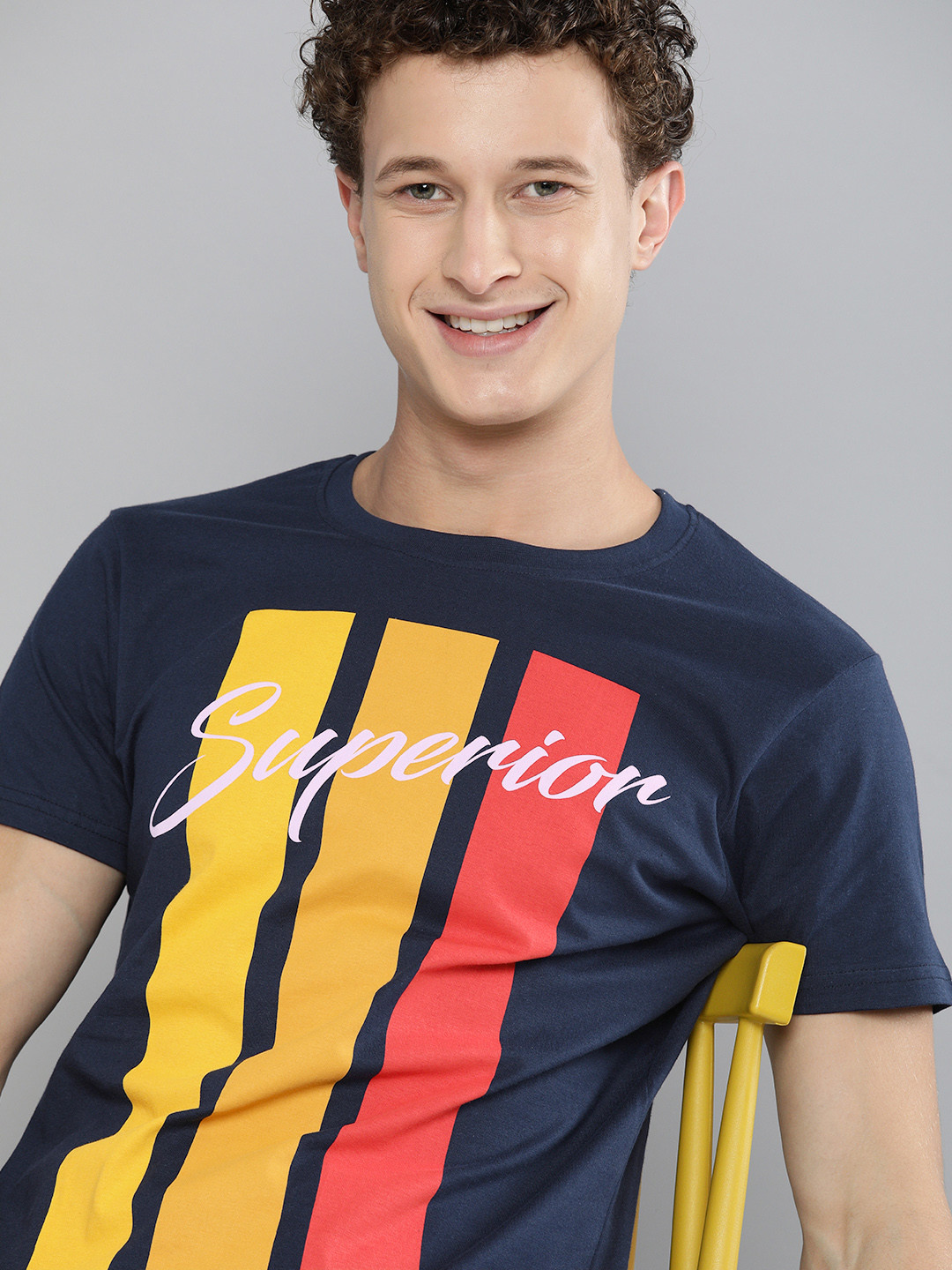 HERENOW Men Navy Blue Yellow Typography Printed Pure Cotton T-shirt