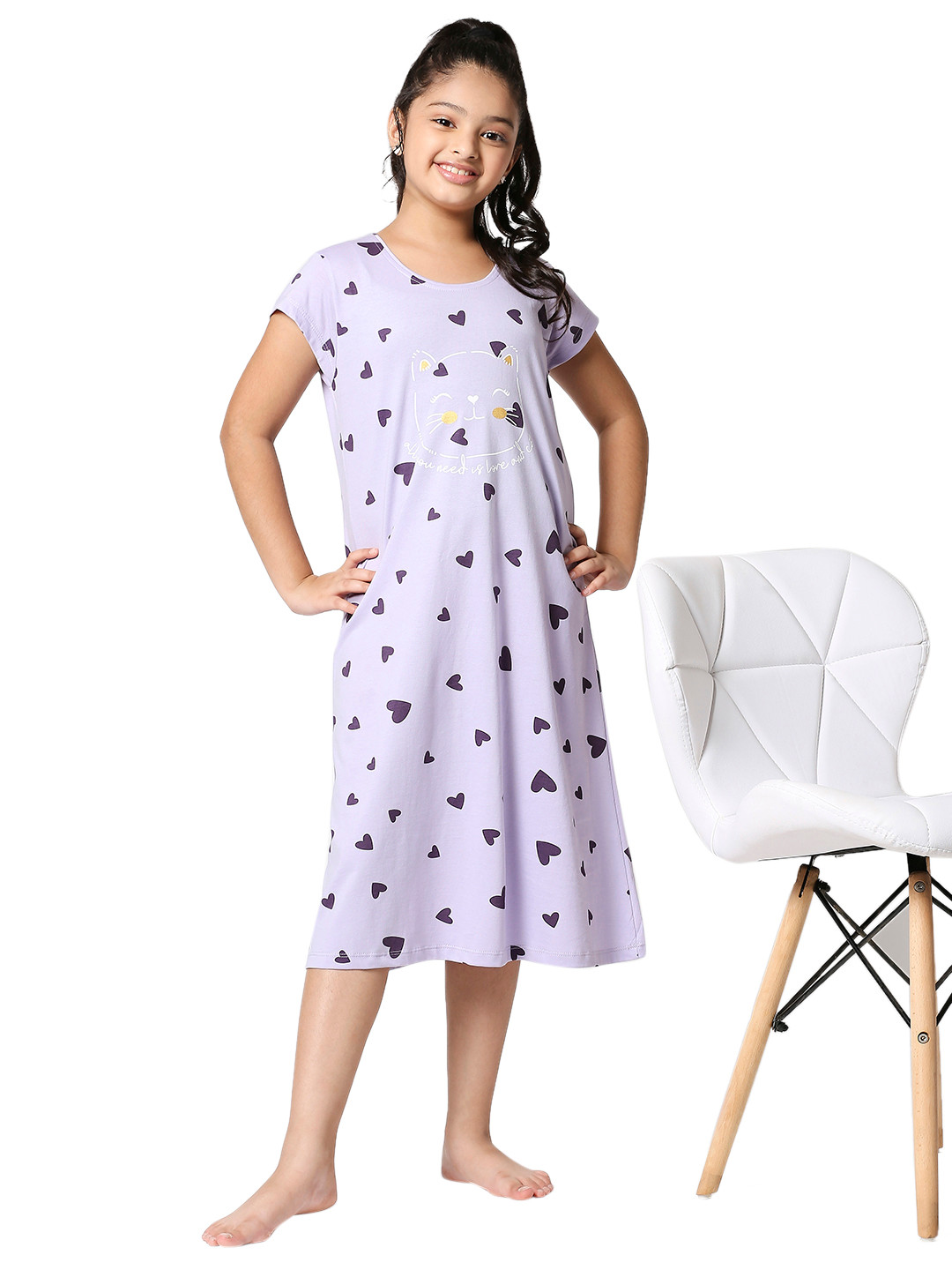 Zeyo Girls Violet Heart Printed Nightdress