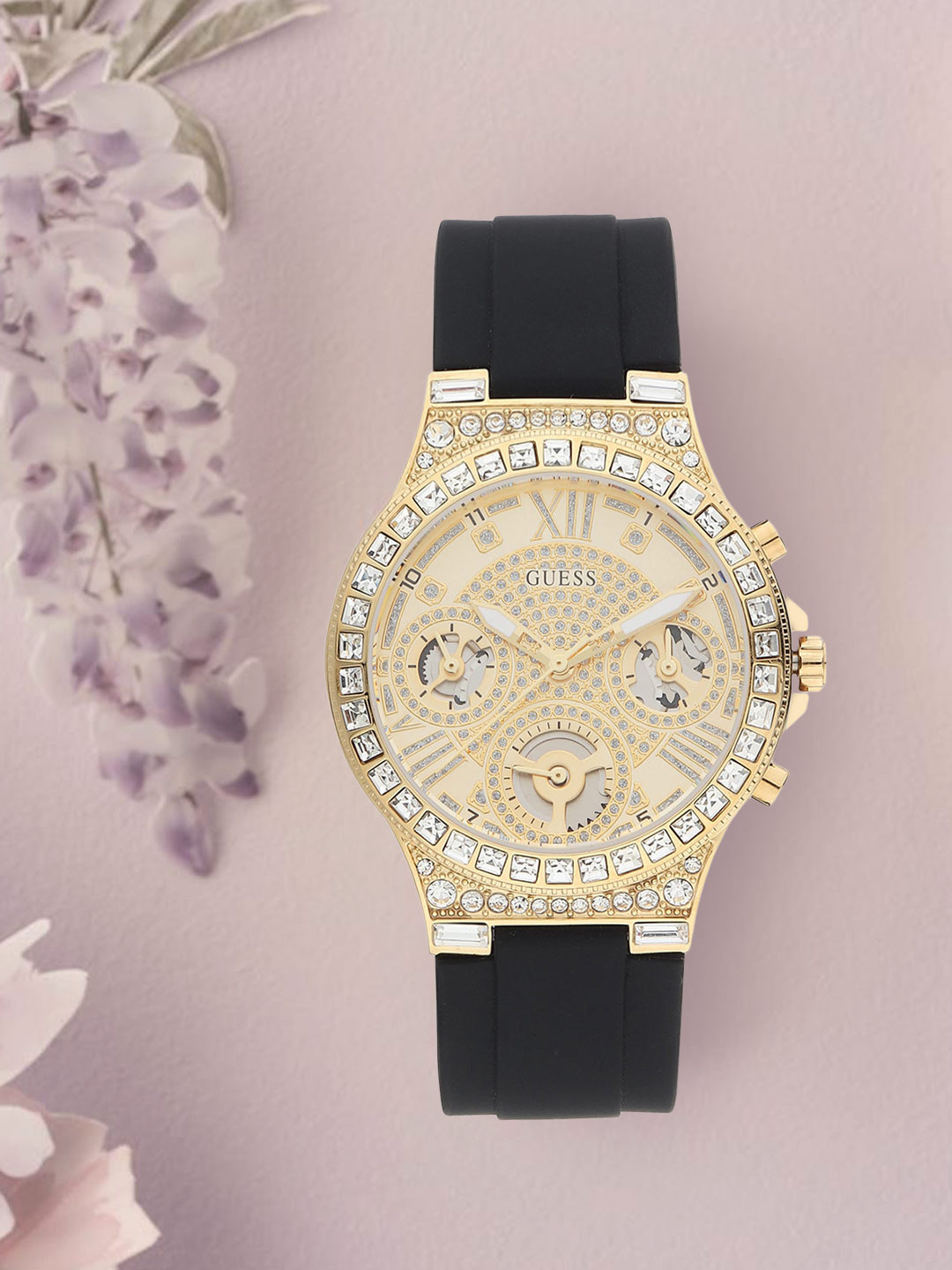 GUESS Women Gold-Toned Embellished Dial & Black Straps Analogue Watch GW0257L1