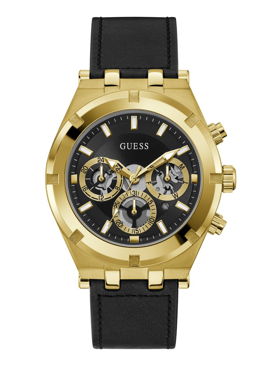 GUESS Men Black Patterned Dial & Black Leather Straps Analogue Watch GW0262G2