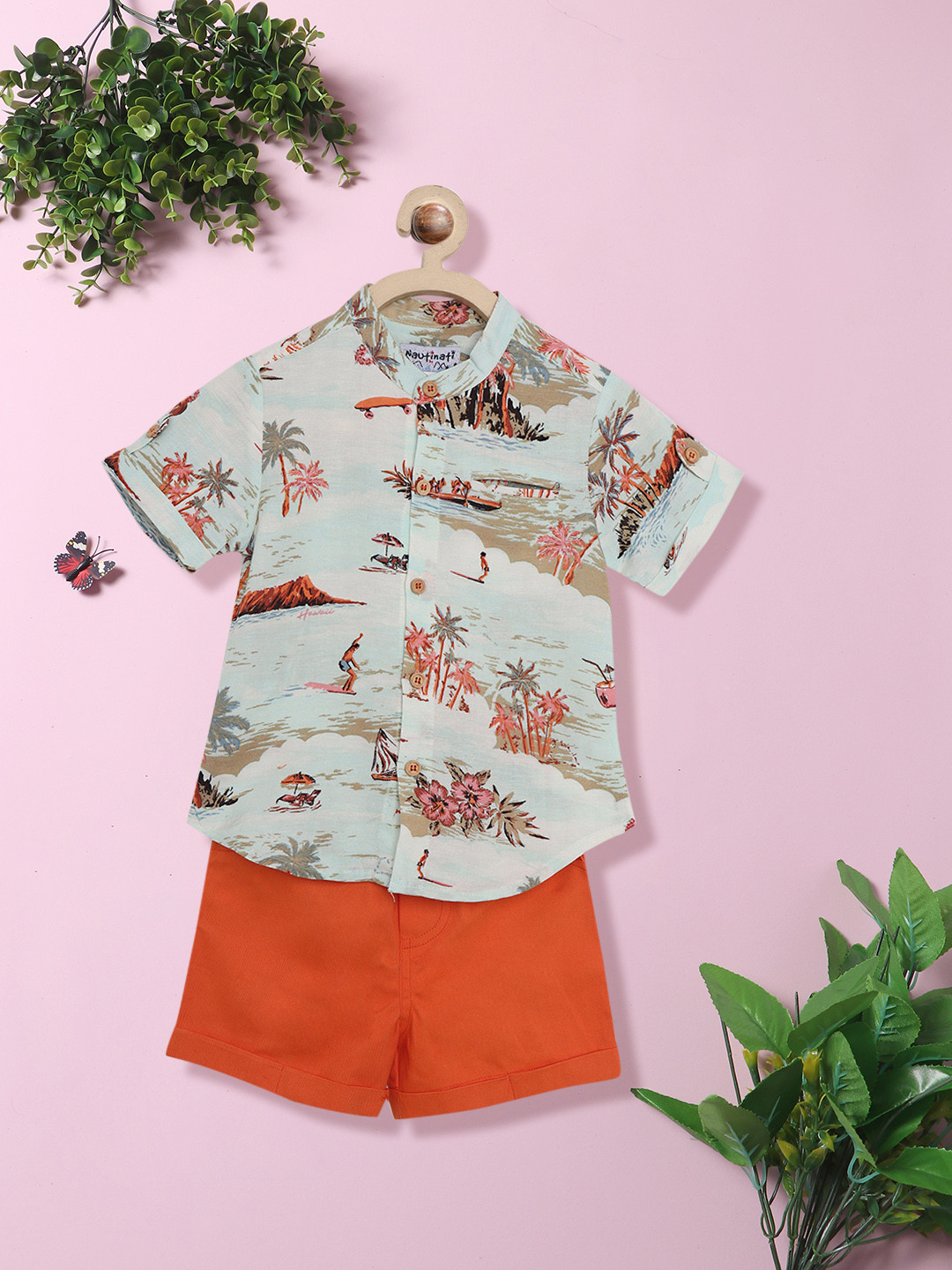 Nauti Nati Boys Grey & Orange Printed Shirt with Shorts